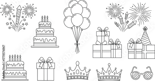 Birthday celebration line icons set with cake, balloons, fireworks, party hat, crown, gift boxes, festive outline party illustration