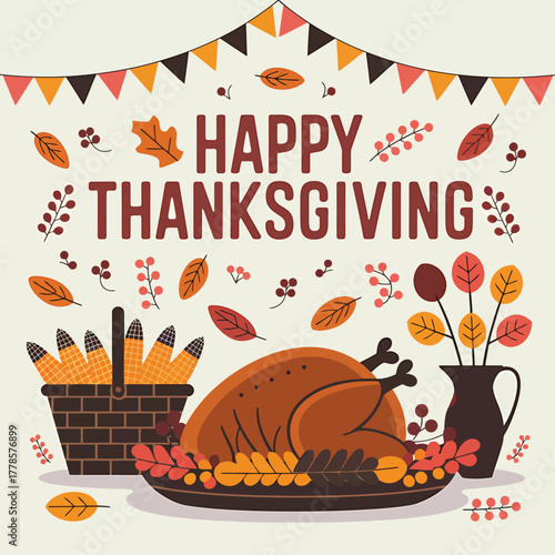 Vector art of happy thanksgiving illustration with a roasted turkey, corn, and autumn leaves, celebrating the harvest season and festive holiday meal