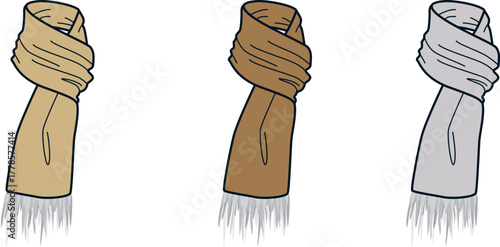 Three draped fabric swatches in beige, brown, and grey, showcasing texture and detail with subtle fringed edges