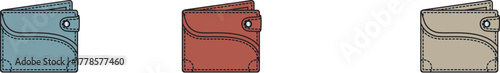 A selection of three closed wallets in blue, red, and beige, displayed side-by-side against a white background