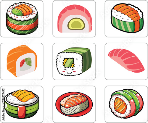 Colorful Cartoon Sushi Set Vector Illustration – Assorted Japanese Food Icons

