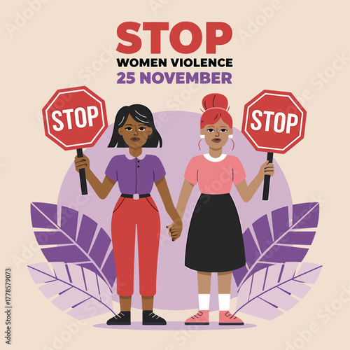 Vector art of two women holding stop signs, advocating to stop violence against women on november 25th, with a purple background and leaves