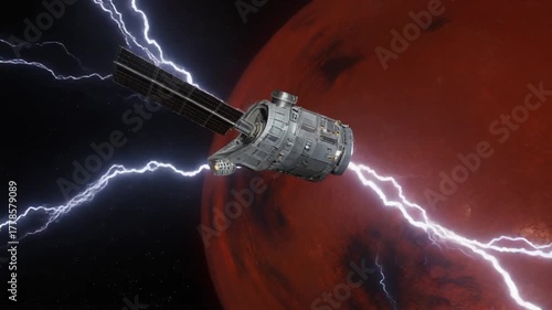 Cinematic Industrial Footage of a Space Probe Flying Through Magnetic Lightning Storm on Red Gas Giant
