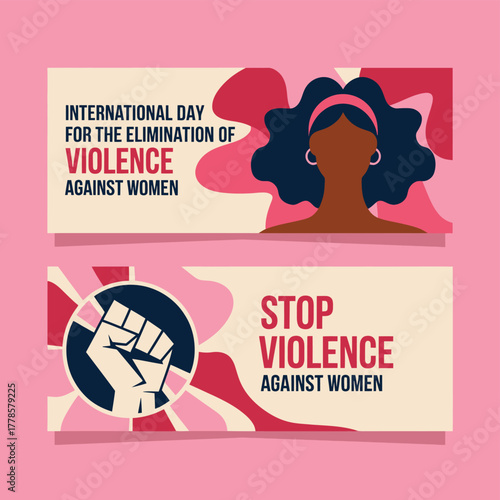 Vector art of international day for the elimination of violence against women banner with raised fist symbol and text stop violence against women