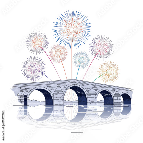 Celebrate with Fireworks Over an Ancient Stone Bridge Reflected in Calm Water fireworks display vector art