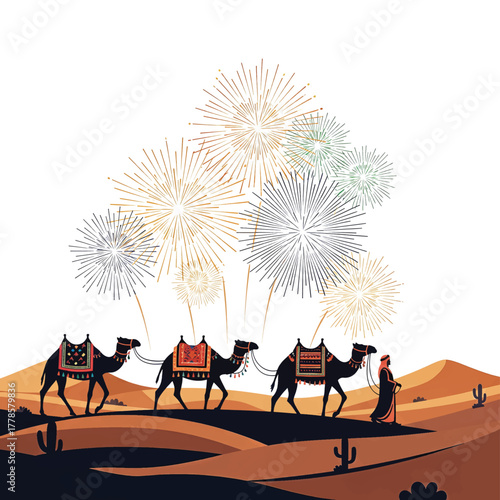 Desert Caravan with Fireworks Saudi Arabia National Day Celebration Camel Trekking Journey fireworks display vector art