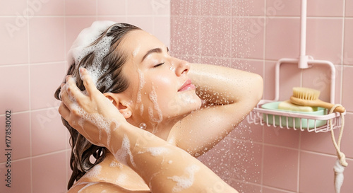 Wallpaper Mural Beautiful woman enjoying a refreshing morning shower, lathering her hair with rich foam for a daily clean and healthy routine Torontodigital.ca