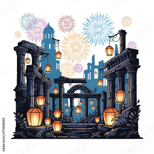 Ancient Ruins Illuminated by Lanterns and Fireworks Display Above City Skyline fireworks display vector art