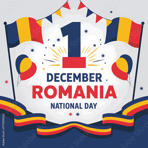 Vector art of happy romania national day celebration on december 1st with romanian flags, balloons, and festive decorations, a patriotic holiday illustration