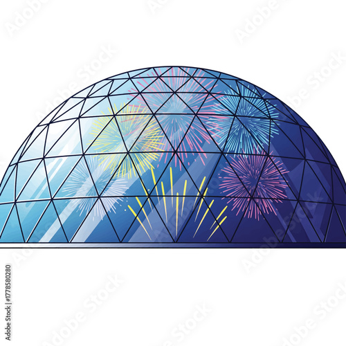 Modern Glass Geodesic Dome with Festive Fireworks Display Inside for Celebrations and Events fireworks display vector art