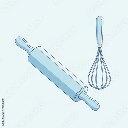 Clean line art illustration of essential baking tools, featuring a classic rolling pin for dough preparation and a versatile whisk for mixing ingredients in the kitchen, ideal for culinary designs
