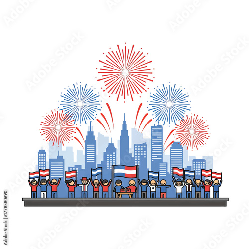 Celebration in the City Diverse Crowd Cheers Under Fireworks with National Flag fireworks display vector art