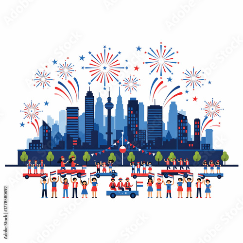 Celebration Parade with Fireworks and City Skyline fireworks display vector art