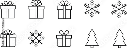 Christmas gift boxes, snowflakes and Christmas tree line icons set, winter holiday outline symbols, festive seasonal vector pack