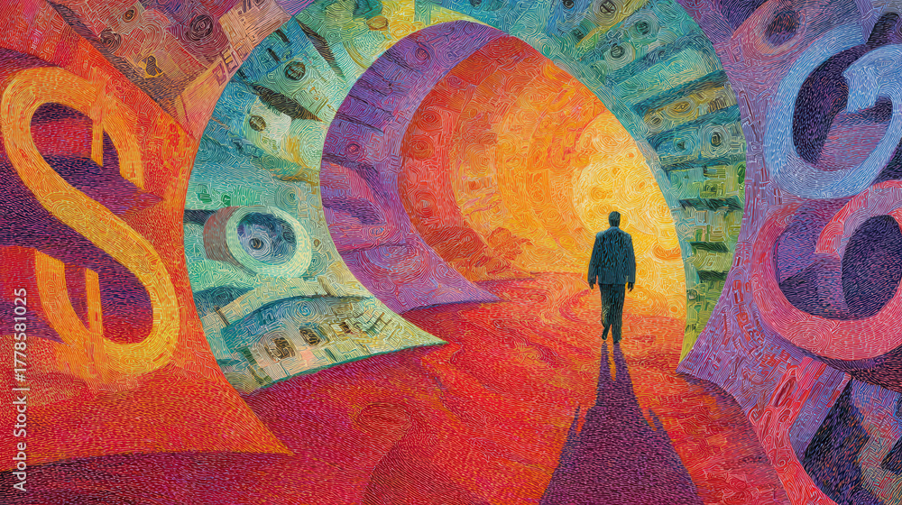 Fototapeta premium Man walking toward glowing tunnel of currency symbols and abstract numbers evoking financial uncertainty and introspection