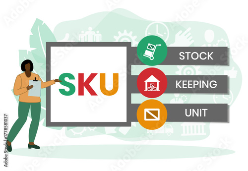 SKU - Stock Keeping Unit acronym. business concept background. vector illustration concept with keywords and icons. lettering illustration with icons for web banner, flyer, landing page