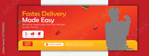 Fast food delivery service social media cover design with courier man