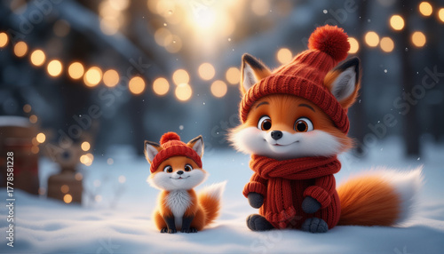 Two cartoon little foxes in a red cap and scarf, sitting on a snowy winter background.