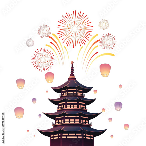 Traditional Asian Pagoda Temple with Fireworks and Sky Lanterns Celebration fireworks display vector art
