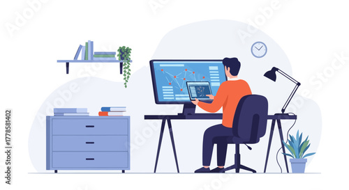 Man Working on Computer with Financial Charts at Home Office Desk Business Analytics and Investment Strategy Concept Illustration