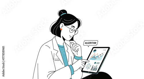 Female Scientist Analyzing Data and Algorithms on Tablet Science and Technology Concept
