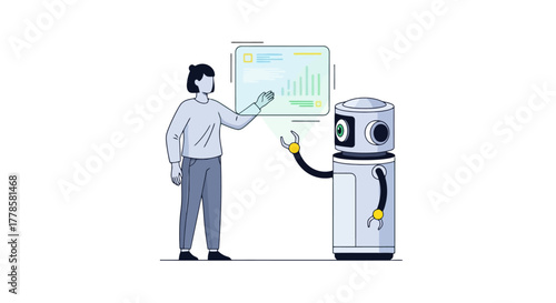 Human and AI Robot Collaborating on Data Analysis and Futuristic Technology