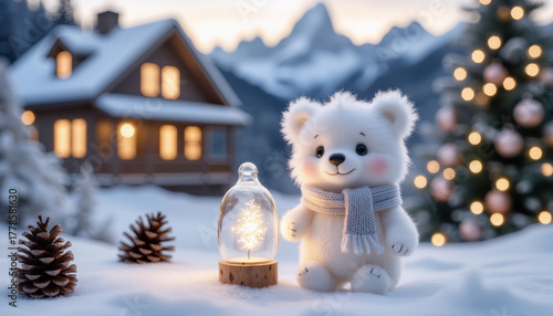 A cartoon little white bear cub in a white wool scarf, sitting against the background of a snow-covered house decorated with light bulbs and a Christmas tree.