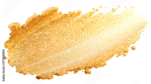 Luminous golden makeup swatch with shimmering texture and light glow on white background
