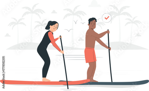 Couple paddleboarding together on the water with palm trees stand up paddleboarding