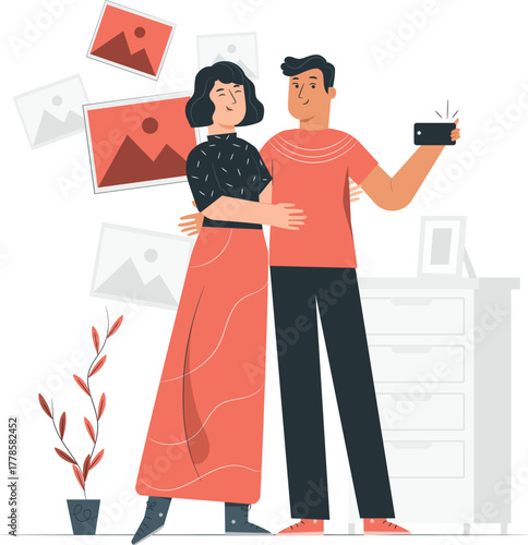 Couple taking a selfie with framed photos floating around them photograph picture