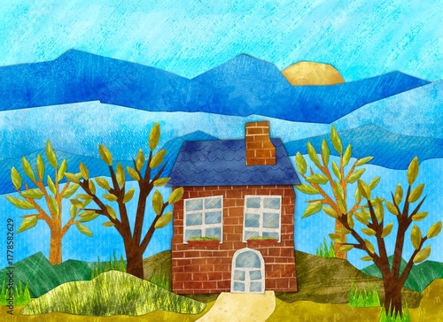 Cute Paper Collage House Landscape Illustration