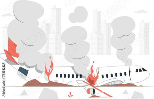 Crashed Airplane On Fire With Smoke And City Skyline accident disaster