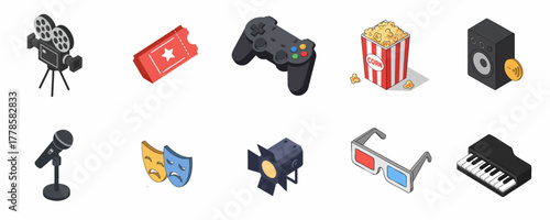 Isometric Simple Entertainment Objects Icons Set for Media and Recreational Industry