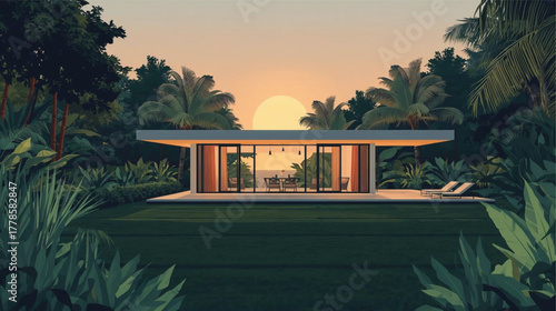 Modern Architecture Integrated with Nature – Tropical Sunset Vector Scene.