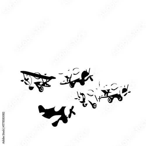 A squadron of vintage biplane silhouettes flying in a loose formation, isolated on a clean white background for graphic design