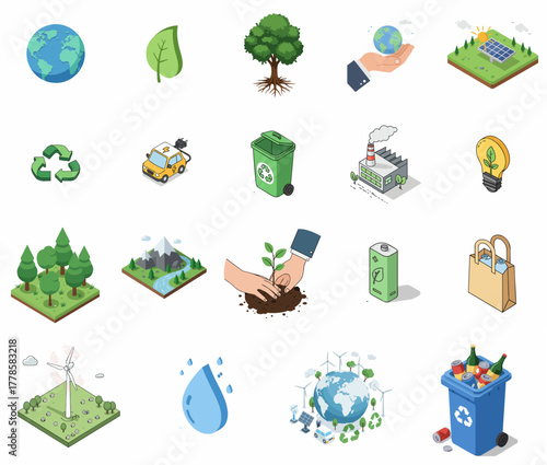 Isometric Pixelated Environmental Protection and Ecology Icons Illustration Collection