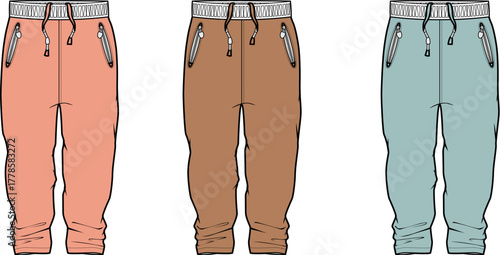 Illustrated collection of comfortable athletic jogger pants in diverse colors, featuring practical design elements for modern casual and active sportswear