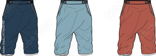 Collection of three different colored winter snow pants or overalls for outdoor winter activities like skiing or snowboarding