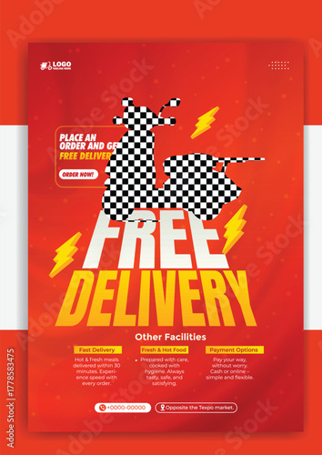 Free delivery flyer template with scooter and lightning on orange background