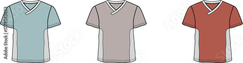 Three Short-Sleeved Scrub Tops in Different Colors Light Blue, Taupe, and Red with White Accents