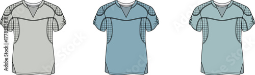 Three-quarter view of a t-shirt available in three different color variations