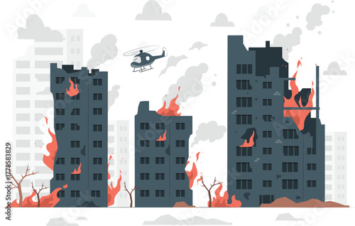 Destroyed buildings on fire with helicopter illustration destruction disaster