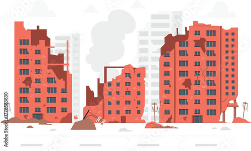 Destroyed City Buildings After Disaster vector illustration