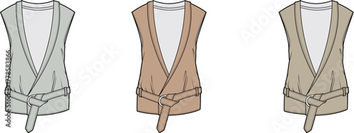 Set of sleeveless belted vests with a shawl collar. Fashion flat technical drawing vector template for apparel design and clothing mockups