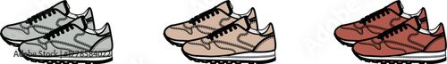 Vector illustration set of casual athletic sneakers in three different colorways, showcasing a palette of grey, beige, and red footwear options