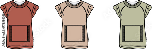 Vector illustration set of women's casual t-shirt with short raglan sleeves and a front patch pocket. Technical flat drawing for fashion design and apparel