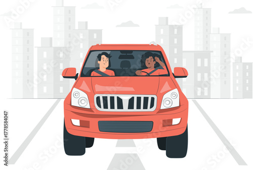 Diverse Couple Drives Orange SUV Through City Streets with Buildings driving