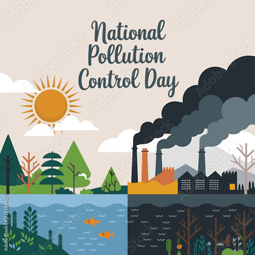 Vector art of national pollution control day illustration showing contrast between a clean environment with trees and water and a polluted industrial area with factory smoke