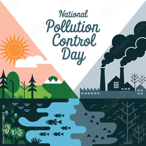 Vector art of national pollution control day illustration showing contrast between industrial pollution and a clean environment with trees and fish in water