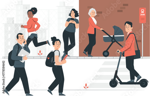 Diverse people commuting and engaging in activities on a street city